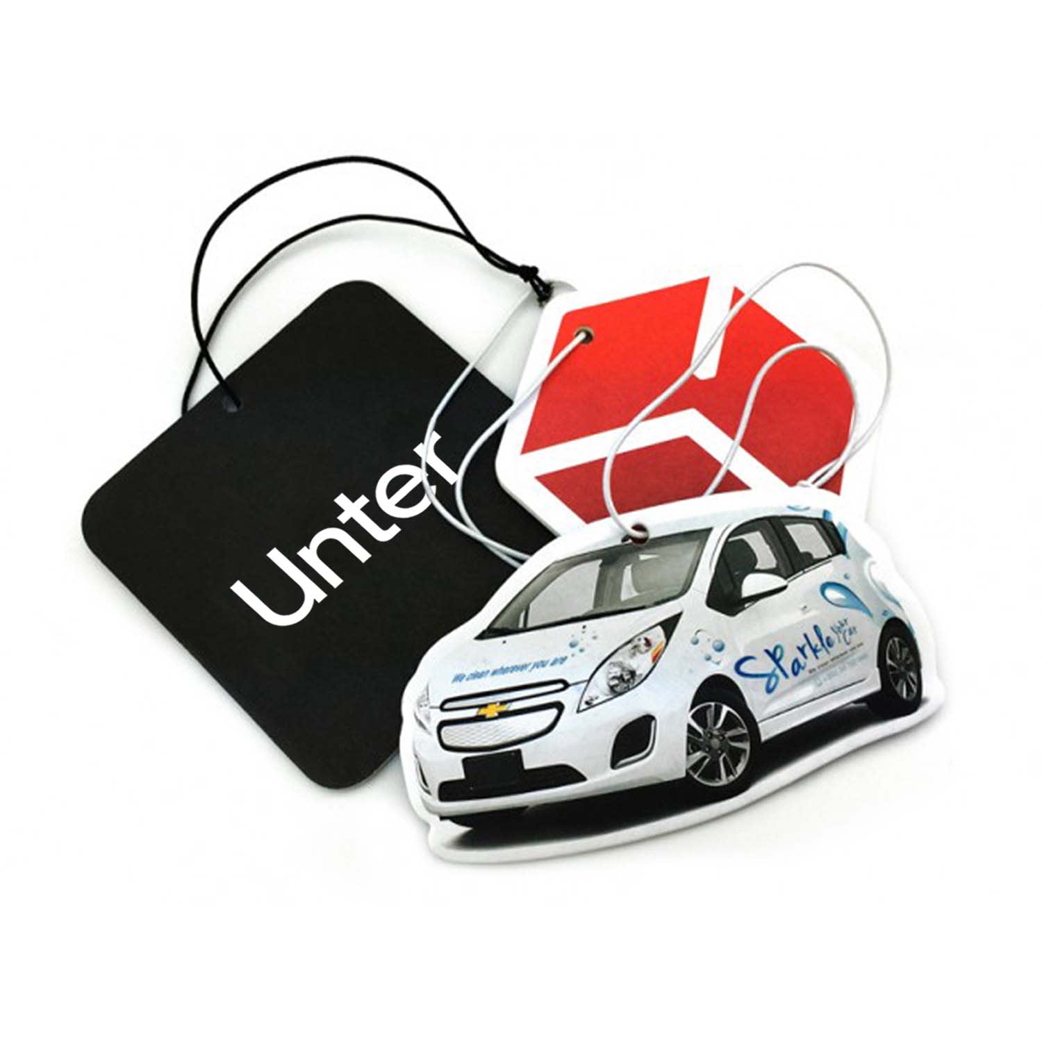 A hanging car air freshener in the shape of a white car, featuring a logo, with black and red tags. Hanging Car Air Freshener - Image 1