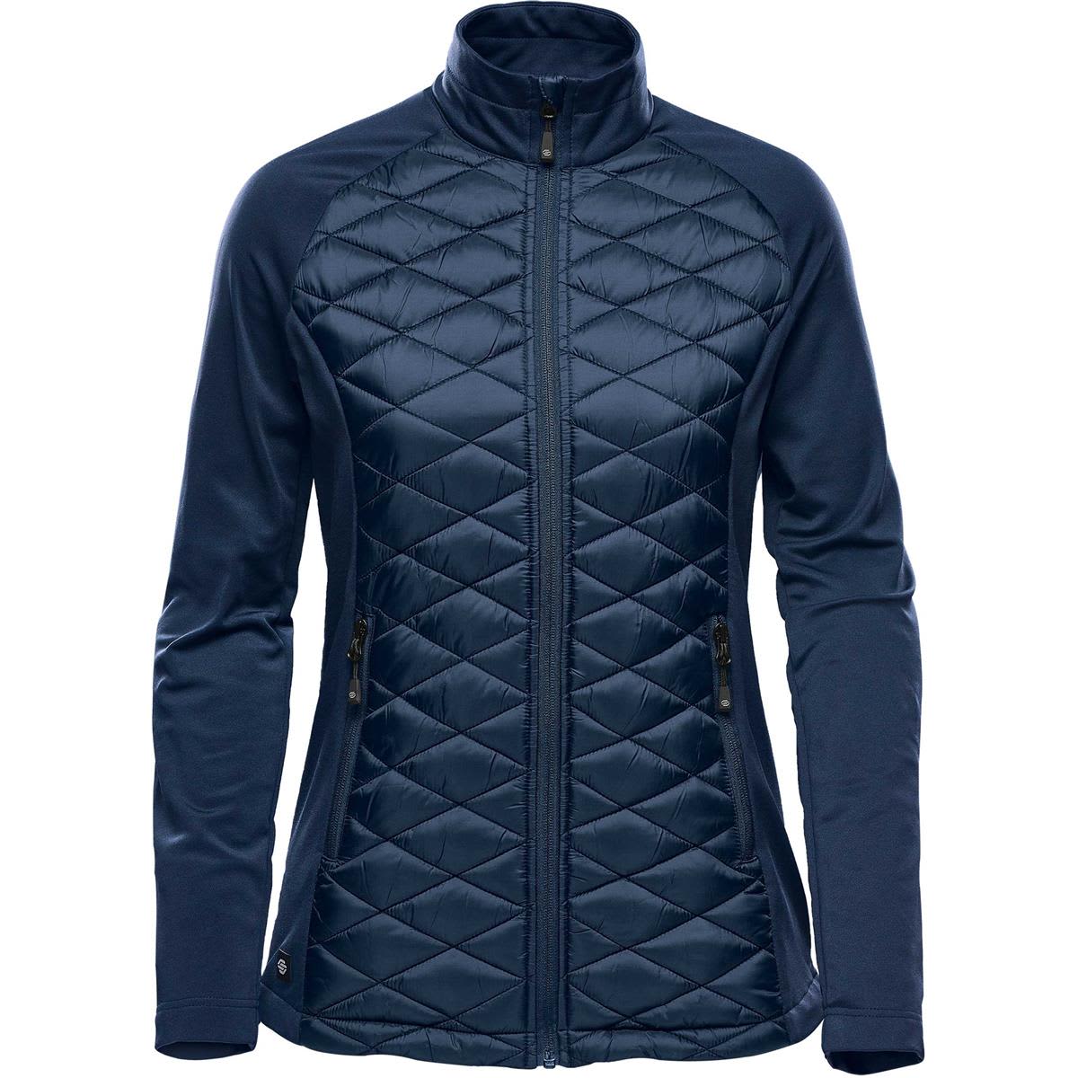 A women's thermal shell jacket in navy featuring quilted front panels and zippered side pockets. The jacket has a logo on it. Women's Boulder Thermal Shell - Image 1