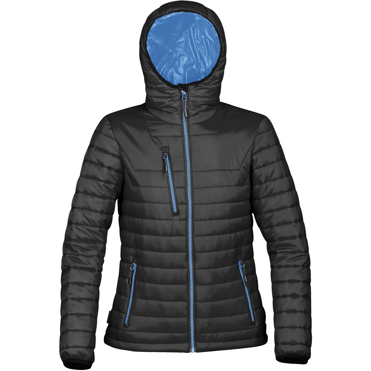 A black puffer jacket with a blue interior, featuring a hood and zippered pockets. It has a logo on it. Women's Gravity Thermal Jacket - Image 1