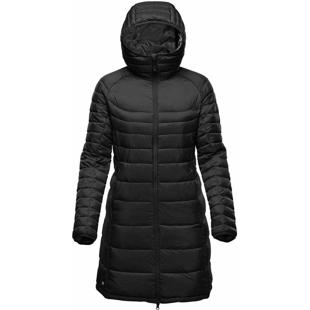 A black women's parka with a hood, featuring a quilted design and a full-length zip front. It has a branding logo. Women's Labrador Parka - Image 1