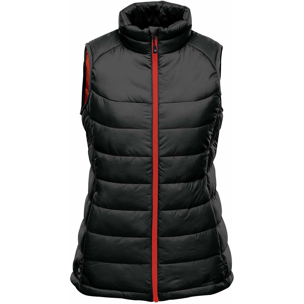 A black thermal vest with a high collar and red zipper, featuring quilted padding and no sleeves. Women's Stavanger Thermal Vest - Image 1