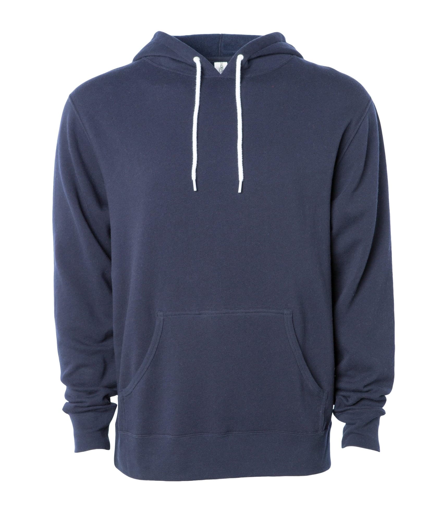 A unisex lightweight pullover hood in navy blue with a front pocket and a drawstring hood. Features a logo. Unisex Lightweight Pullover Hood - Image 1