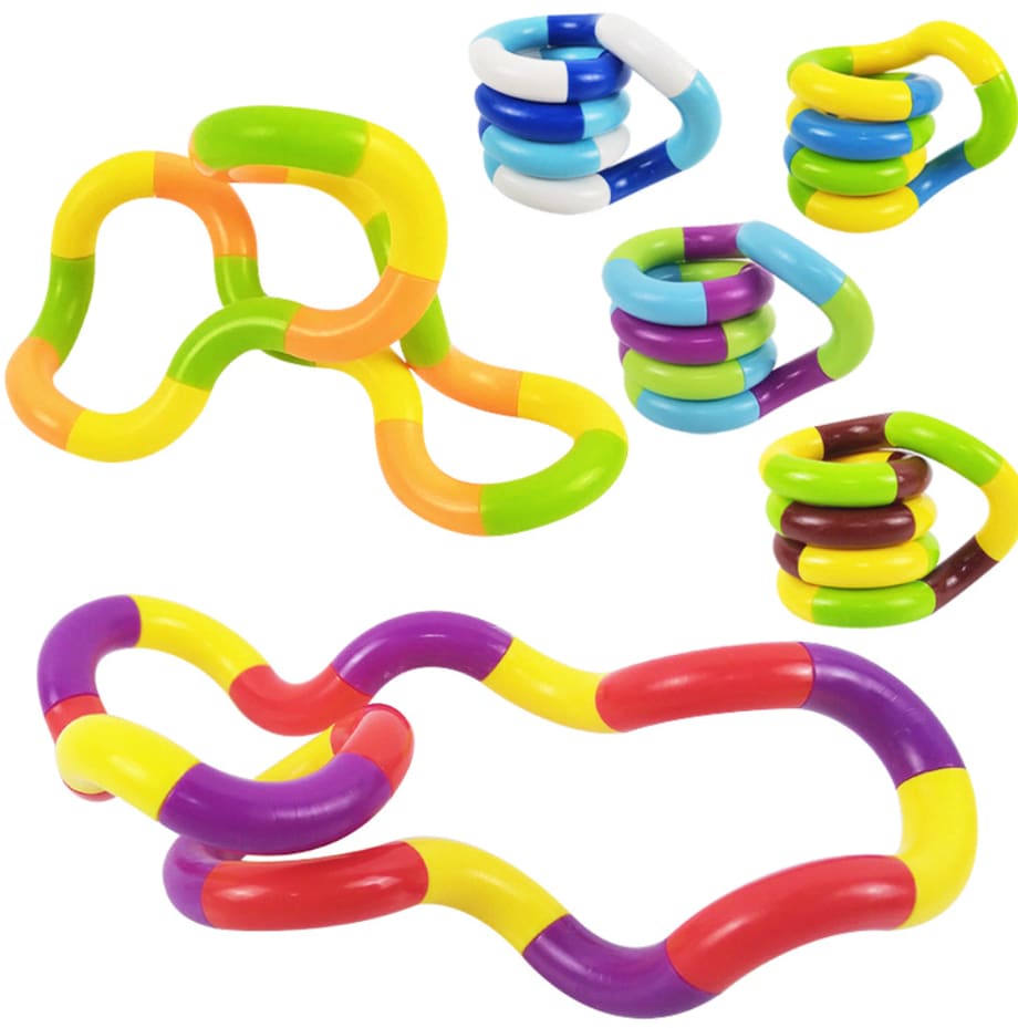 A collection of interlocking plastic links in various bright colours, including purple, yellow, orange, and green. Tangle Toy - Image 1
