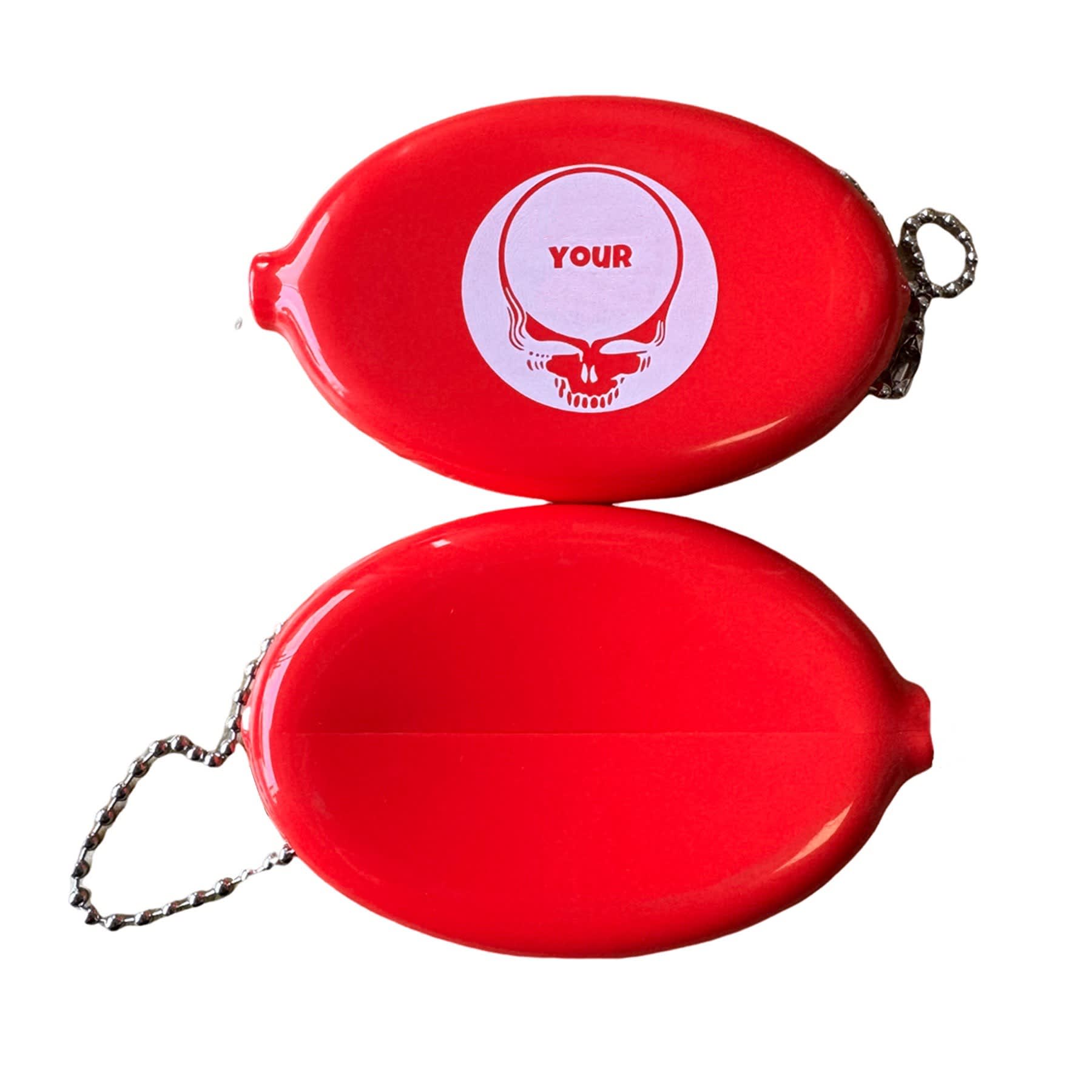 An oval-shaped red coin purse keychain with a logo, featuring a silver chain for attachment. Oval Shaped Coin Purse Keychain - Image 1