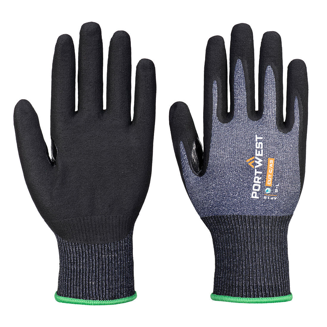 A pair of black and grey gloves with a green cuff and a logo on the wrist. SG Cut C15 Nitrile Glove (Pk12) - Image 1