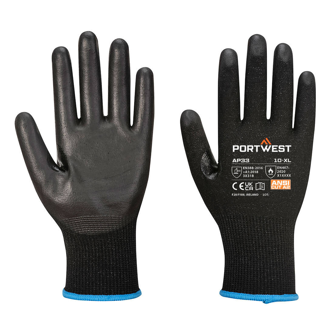 Black gloves with blue detailing and a branding logo, designed for touchscreen compatibility. LR15 PU Touchscreen Glove (Pk12) - Image 1