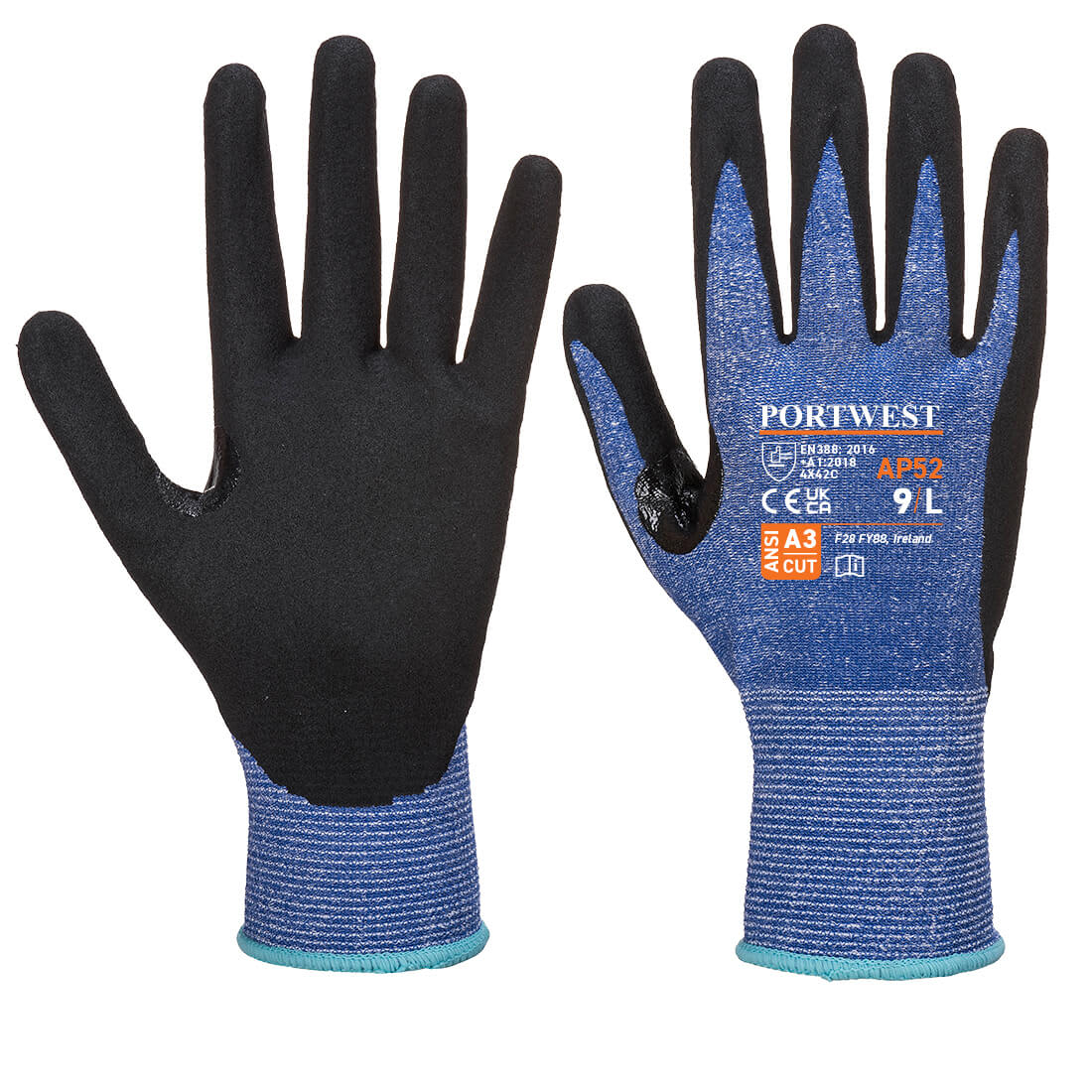A pair of black and blue gloves featuring a textured grip and a branding logo on the wrist area. Dexti Cut Ultra Glove - Image 1