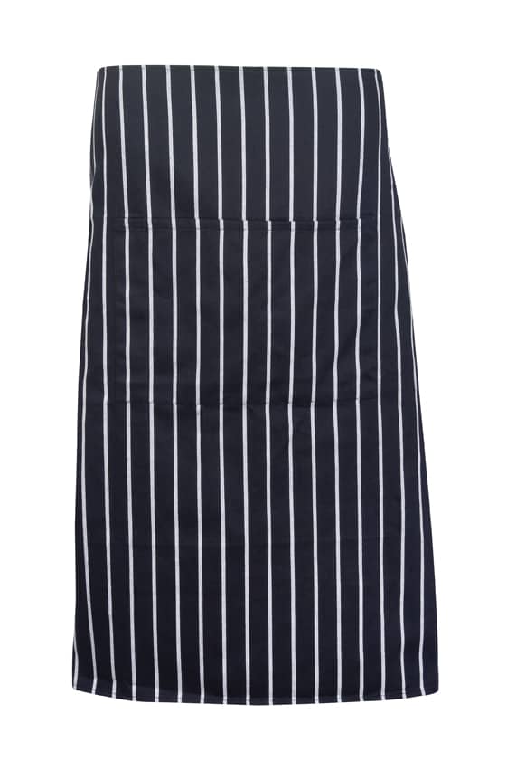 A full-waist striped apron in black and white, featuring vertical stripes and a simple design. Striped Apron - Full-waist - Image 1
