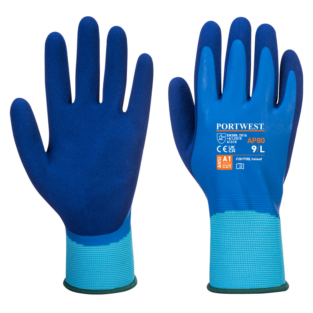 A pair of blue gloves with a textured surface and a green cuff. The gloves have a logo and various markings. Liquid Pro Glove - Image 1