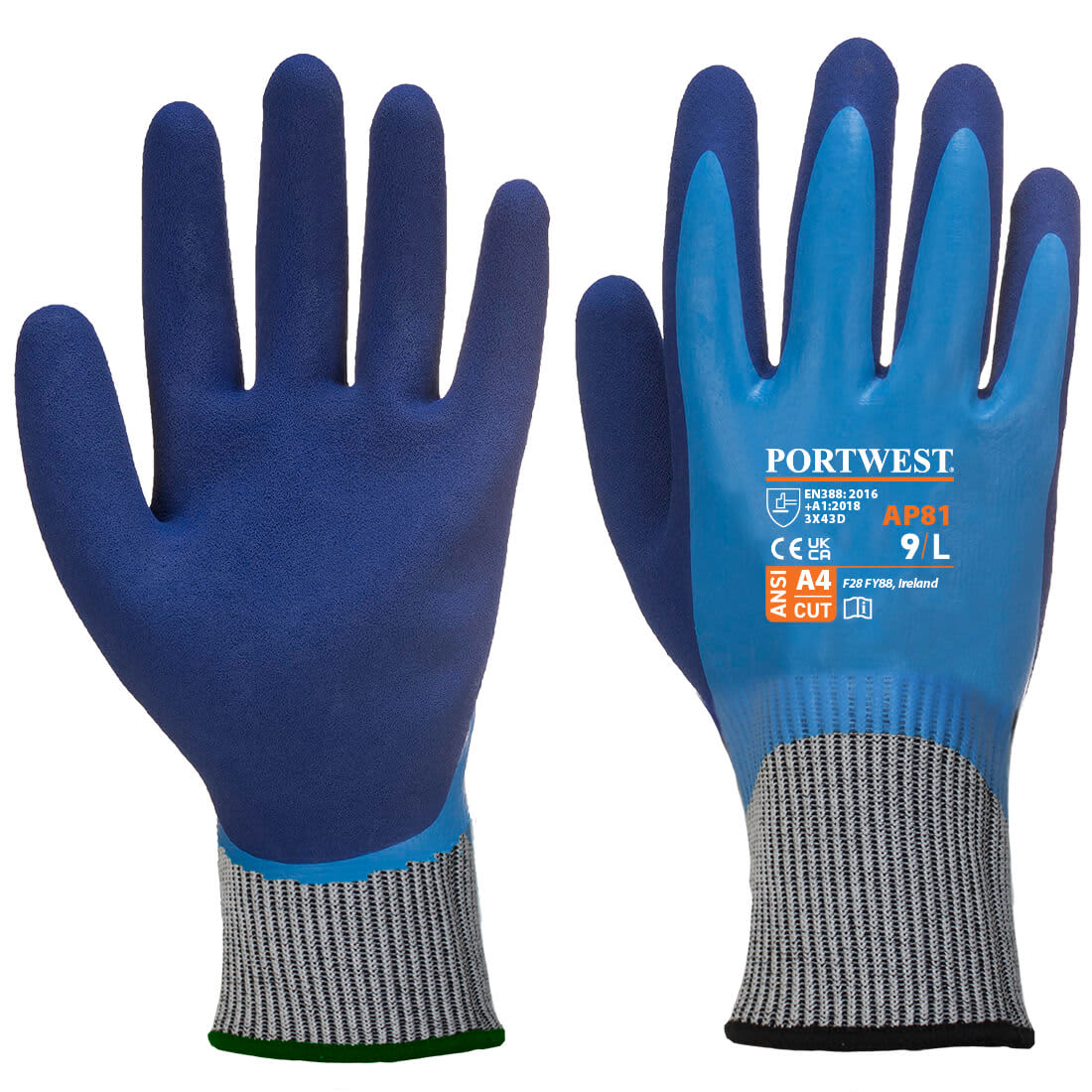 A pair of gloves featuring a blue latex coating and grey knit cuffs, with a visible logo and branding. Liquid Pro HR Cut Glove - Image 1