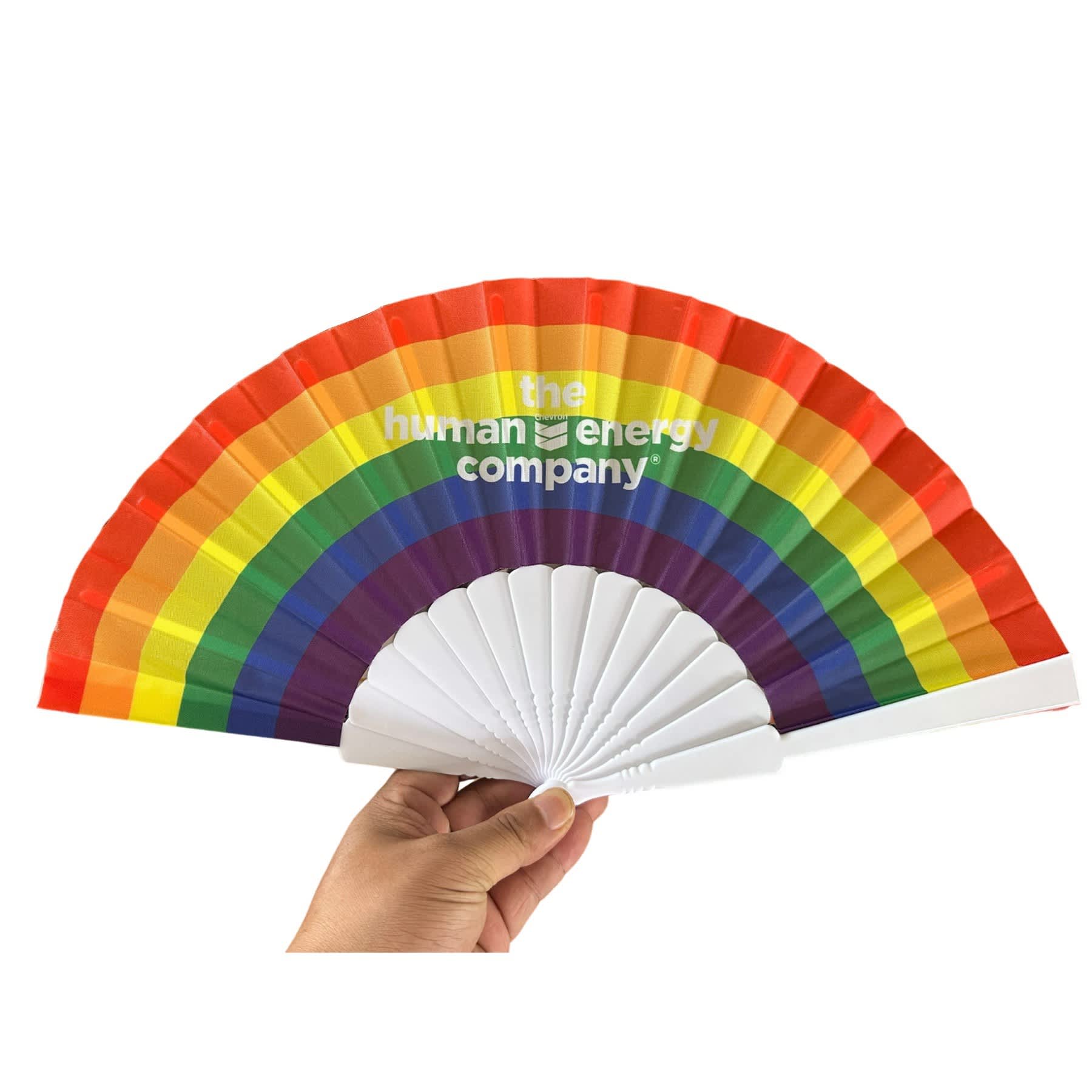 A folding hand fan featuring a rainbow design with white accents and a logo. Folding Hand Fan - Image 1