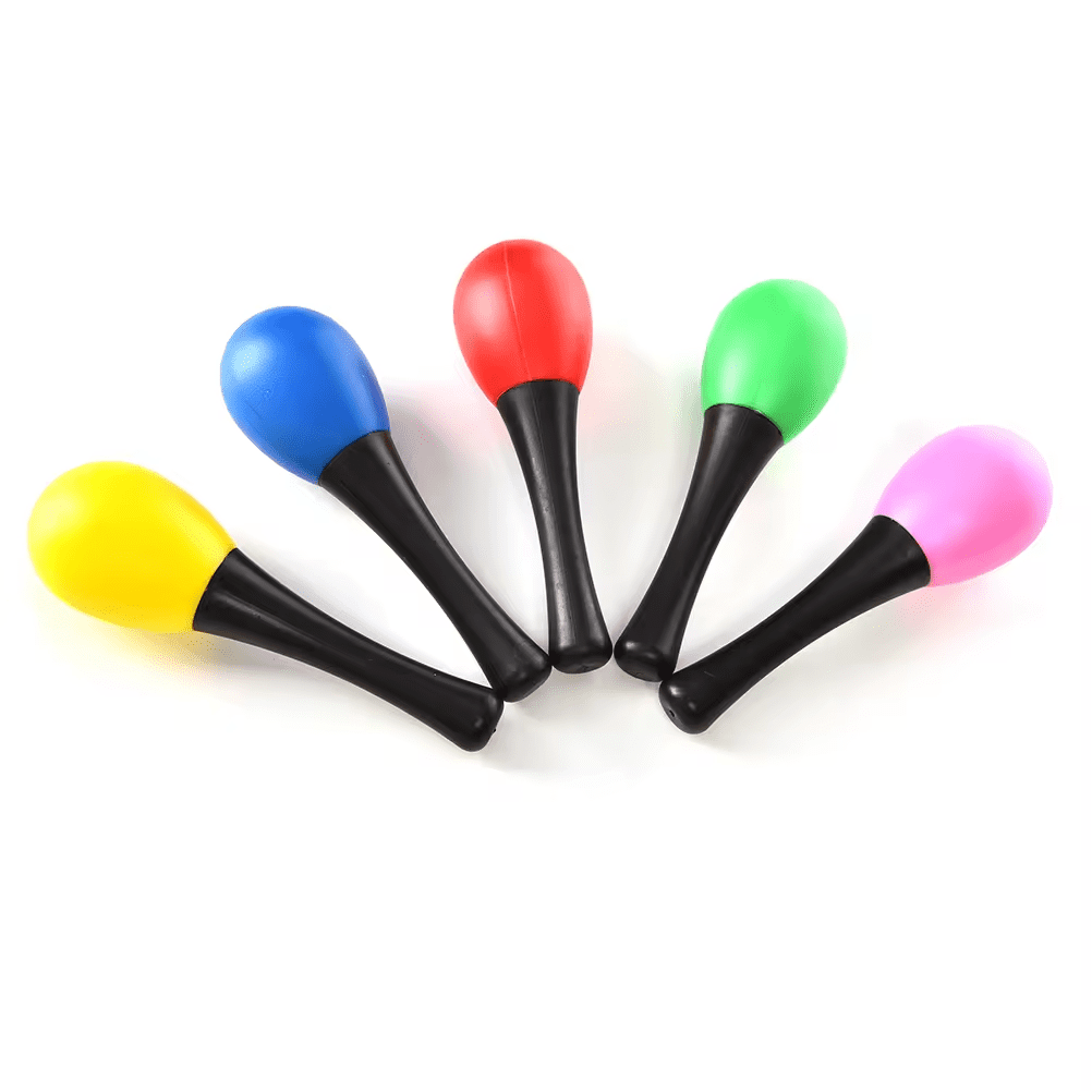 Five egg-shaped maracas in yellow, blue, red, green, and pink, each with a black handle. Egg Maracas - Image 1