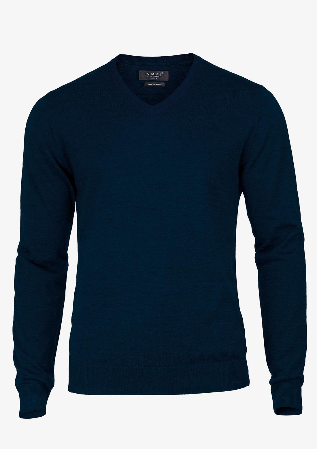 A navy blue v-neck jumper with long sleeves, featuring a branding tag on the neckline. Ashbury Men Knitwear - Image 1
