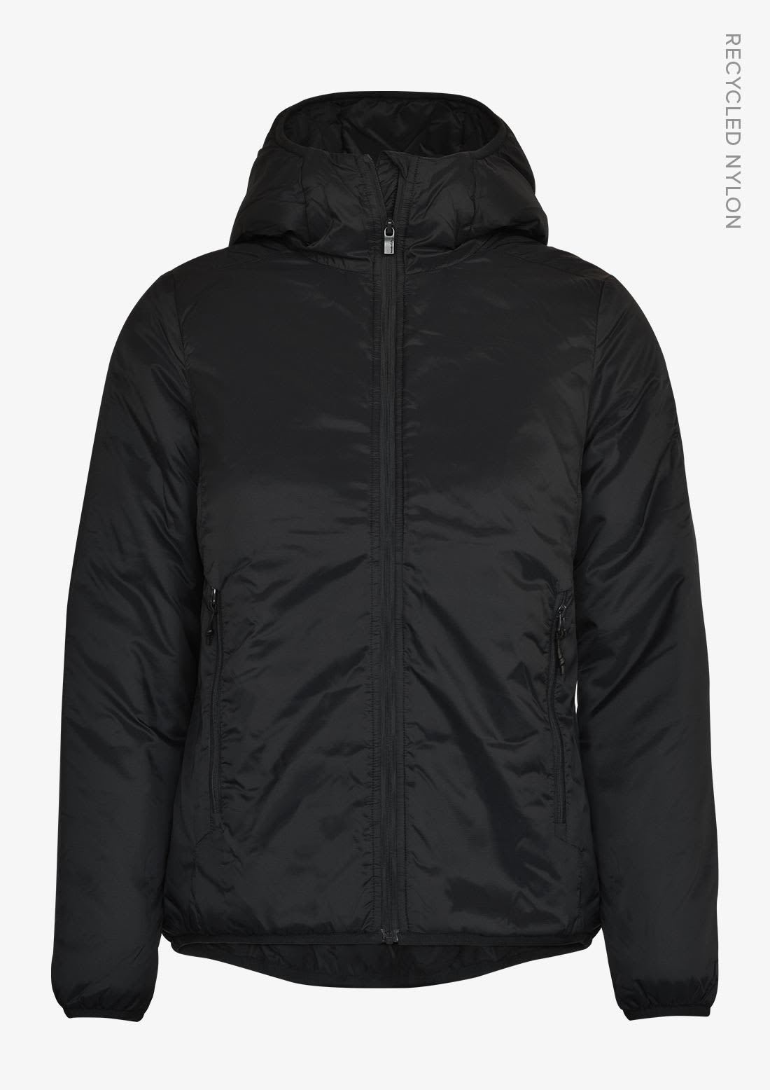 A black women’s jacket with a hood, featuring a zip front and side pockets, made from recycled nylon. Aspen Women Jacket - Image 1