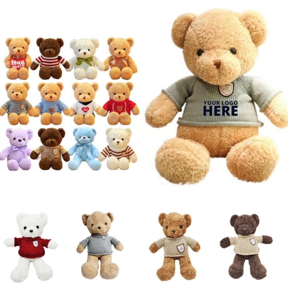 A collection of plush teddy bears in various colours and sizes, with one bear wearing a shirt featuring a logo. Teddy Bears Toy - Image 1