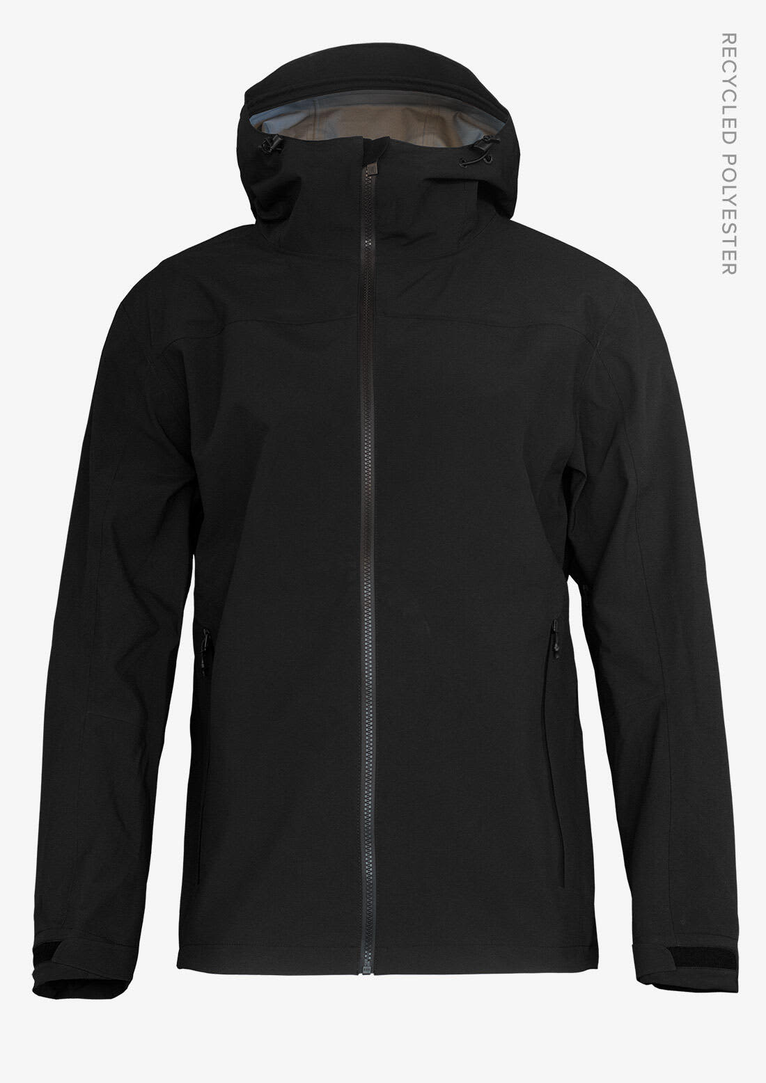 A black shell jacket featuring a hood and zip pockets, made from recycled polyester, with a logo on the side. Yosemite Shell Jacket Men - Image 1