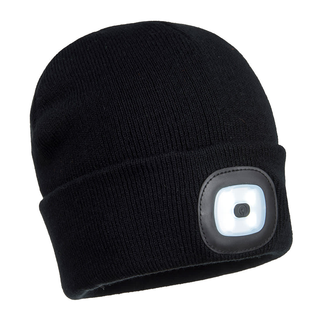 A black beanie featuring a rectangular LED light on the front and a logo patch. Rechargeable Twin LED Beanie - Image 1
