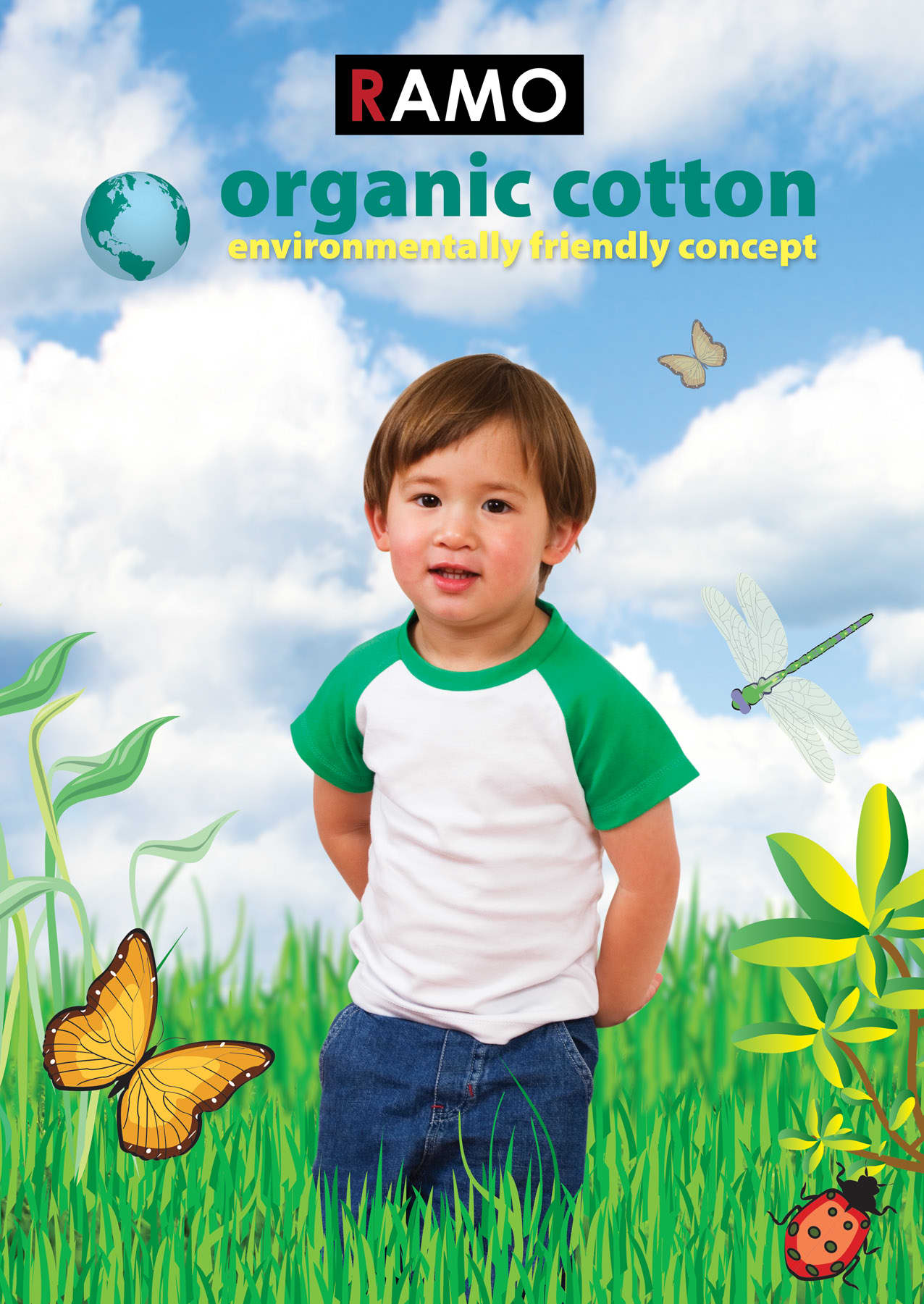 A child wearing a green and white raglan T-shirt, set against a vibrant, nature-themed background with butterflies and foliage. Babies Raglan T-shirt - Image 1
