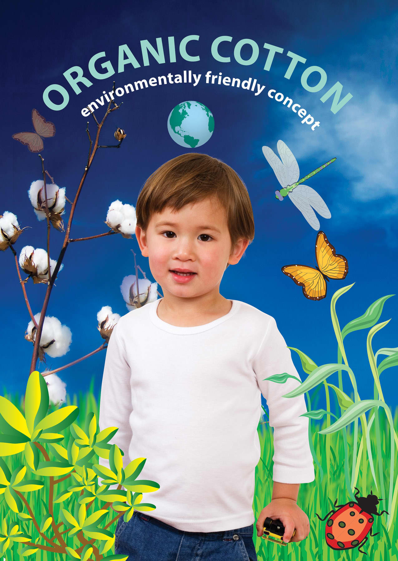 A long-sleeve baby T-shirt in white, featuring a child surrounded by a nature-inspired backdrop with butterflies and insects. Babies Long-Sleeve T-shirt - Image 1