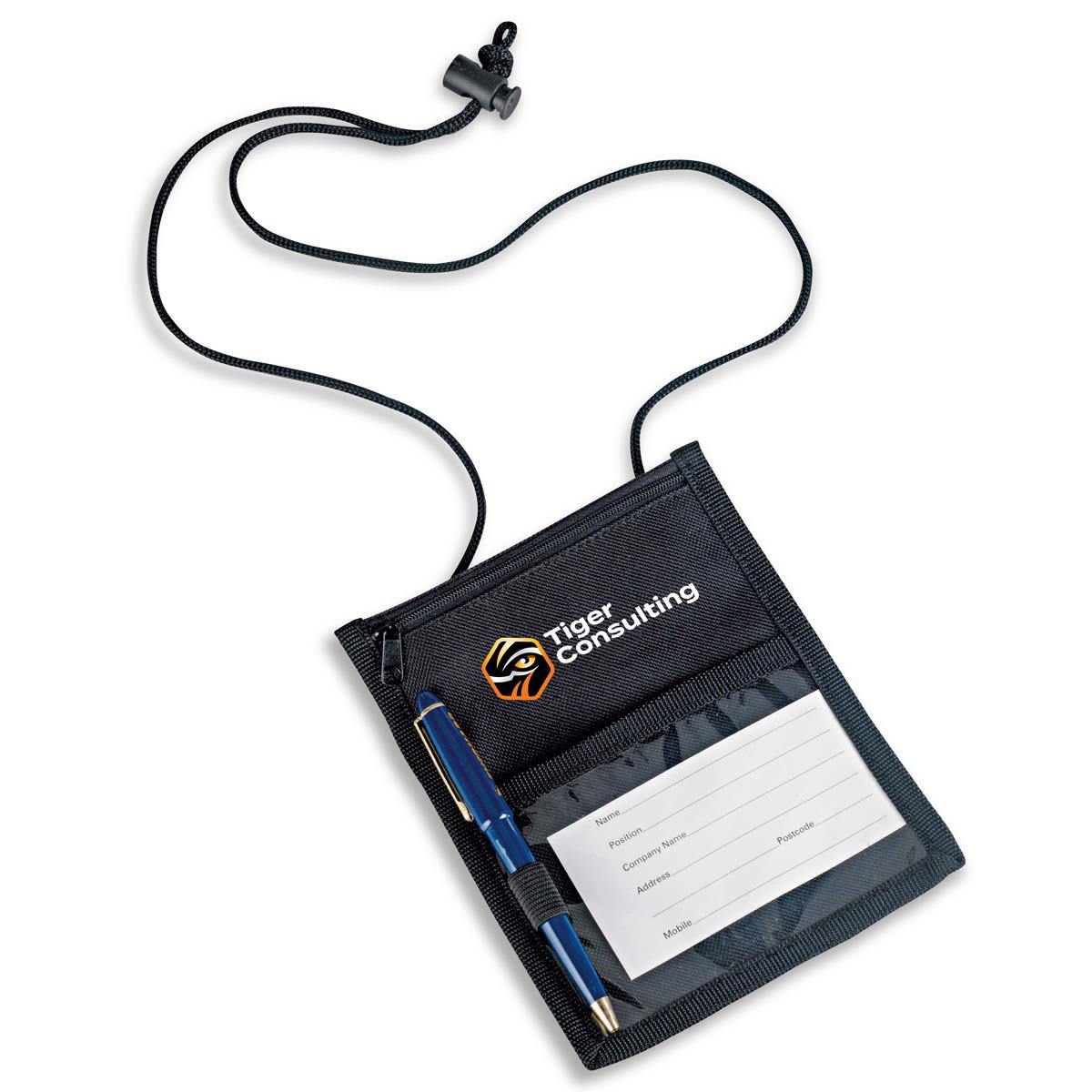 A black neck wallet with a pen and a clear pocket for a badge, featuring a logo on the front. Platform Neck Wallet - Image 1