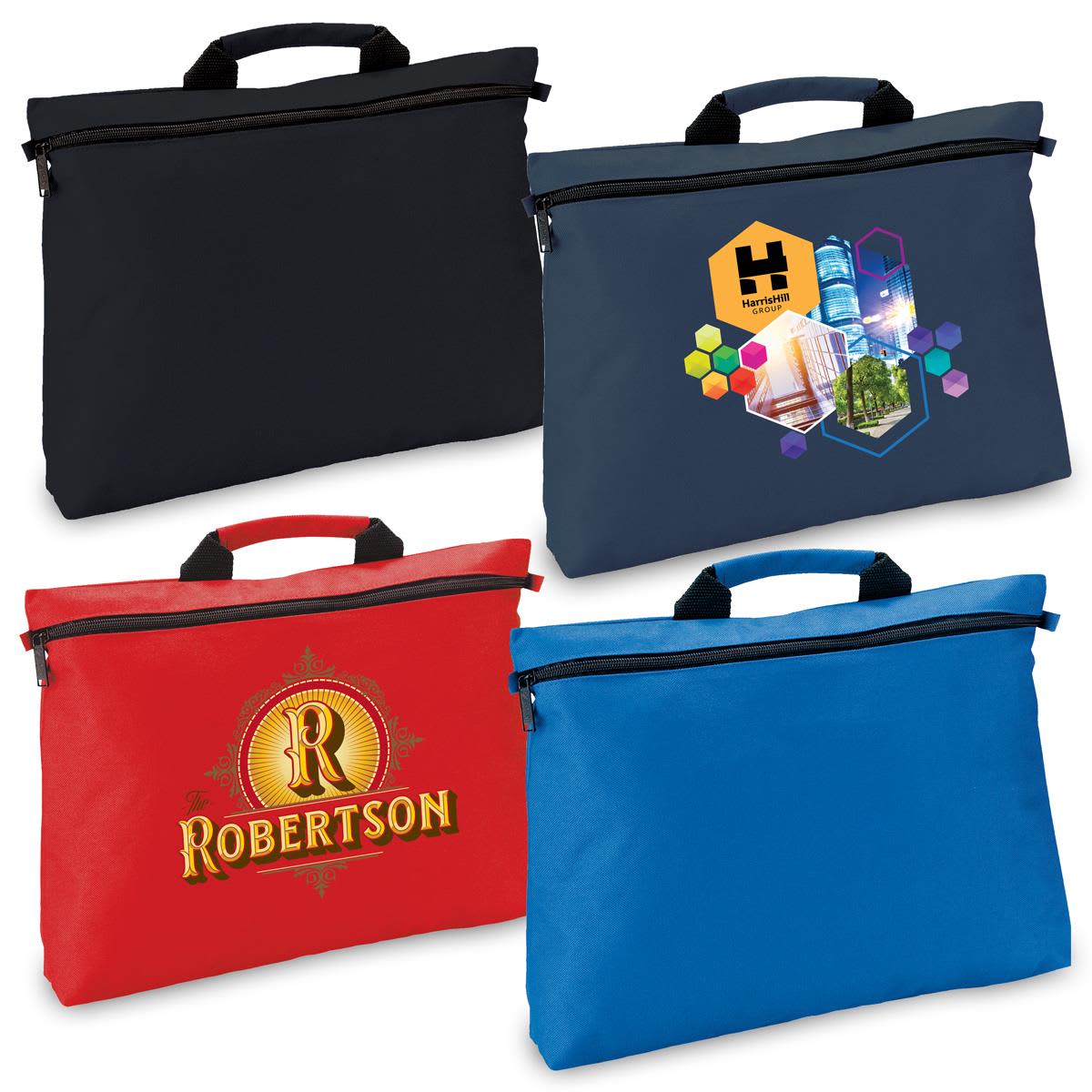 A collection of four satchels in black, navy, red, and blue, each featuring a logo or design. Civic Satchel - Image 1