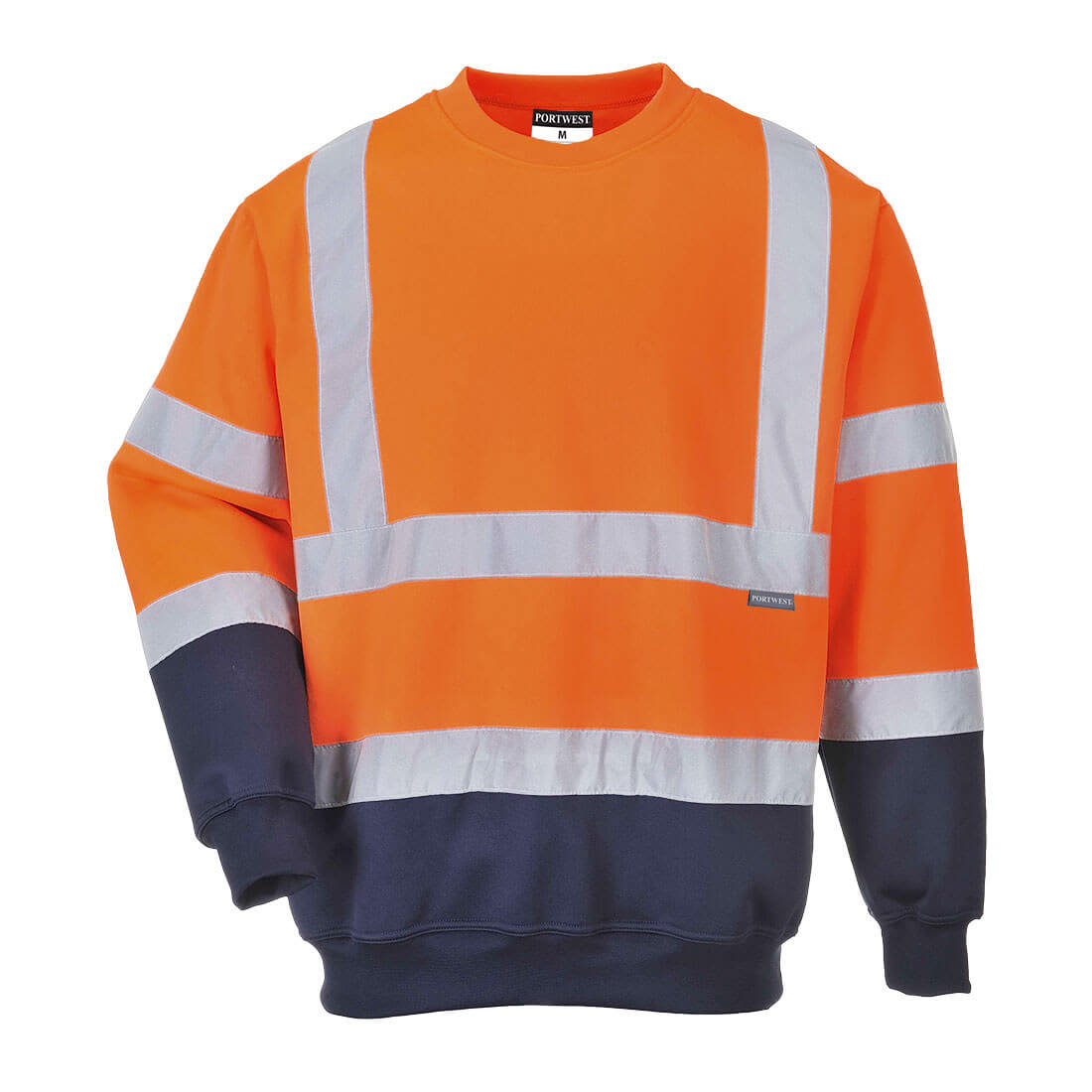 A Hi-Vis 2-Tone Sweatshirt featuring fluorescent orange and navy colours with reflective strips. It has a branding logo. Hi-Vis Contrast Sweatshirt - Image 1