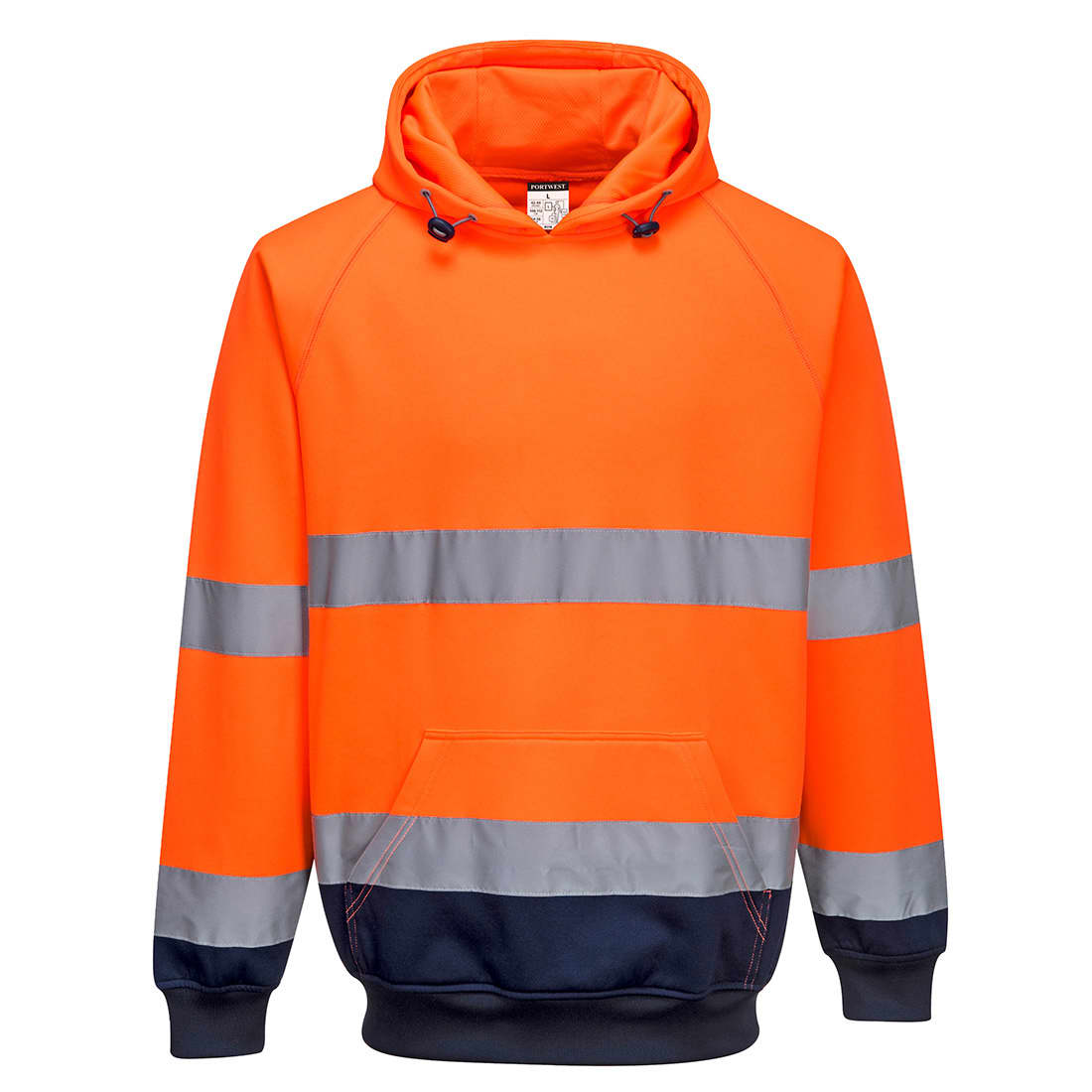 A bright orange hooded sweater with reflective stripes and a navy blue hem, featuring a front pocket and a logo. Hi-Vis Contrast Hoodie - Image 1