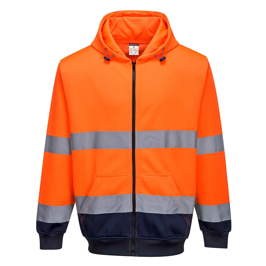 A high-visibility orange and navy zip-front hoodie featuring reflective stripes and a hood, with a logo on it. Hi-Vis Contrast Zipped Hoodie - Image 1