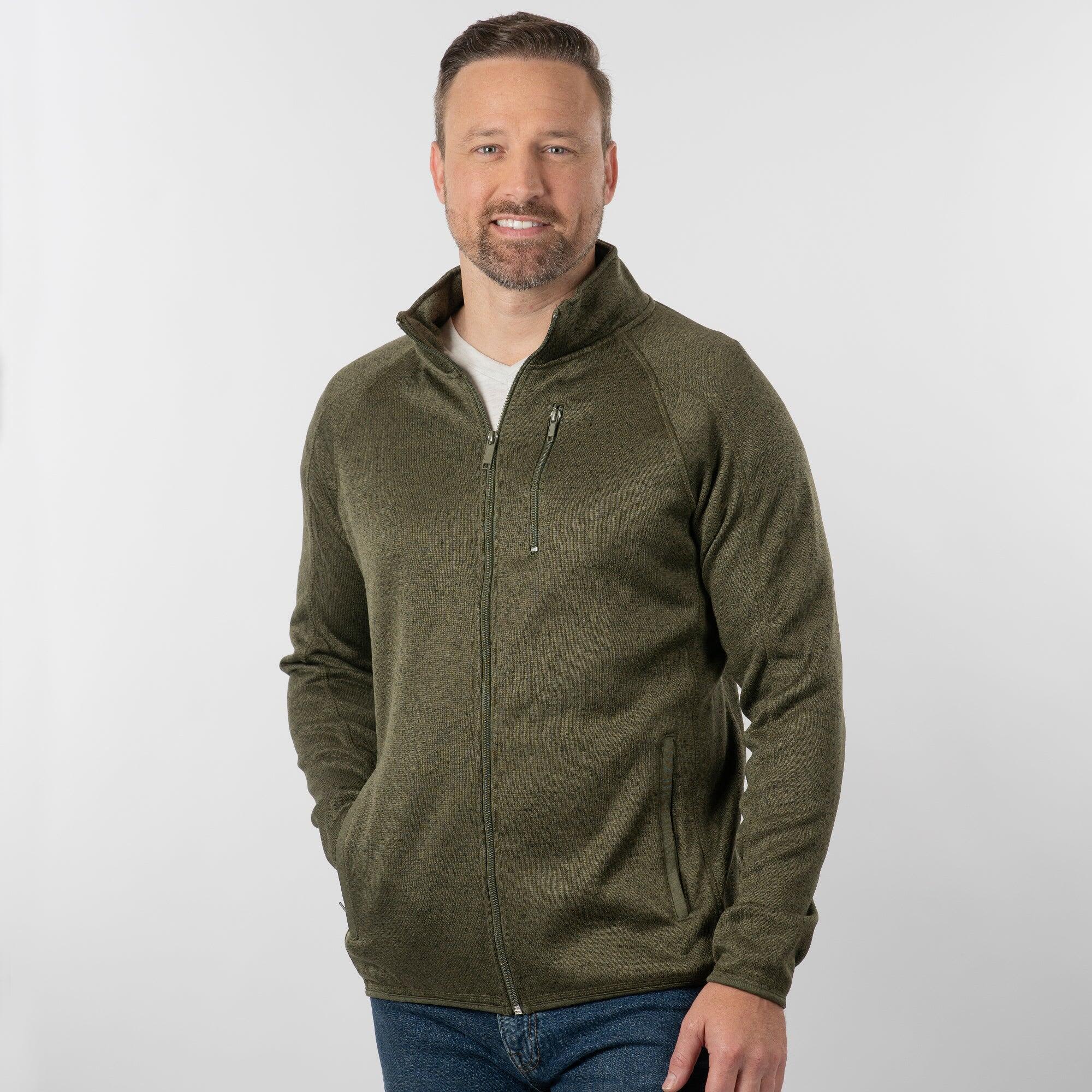 A full zip sweater knit jacket in olive green, featuring a high collar and a zippered chest pocket. Full Zip Sweater Knit Jacket - Image 1
