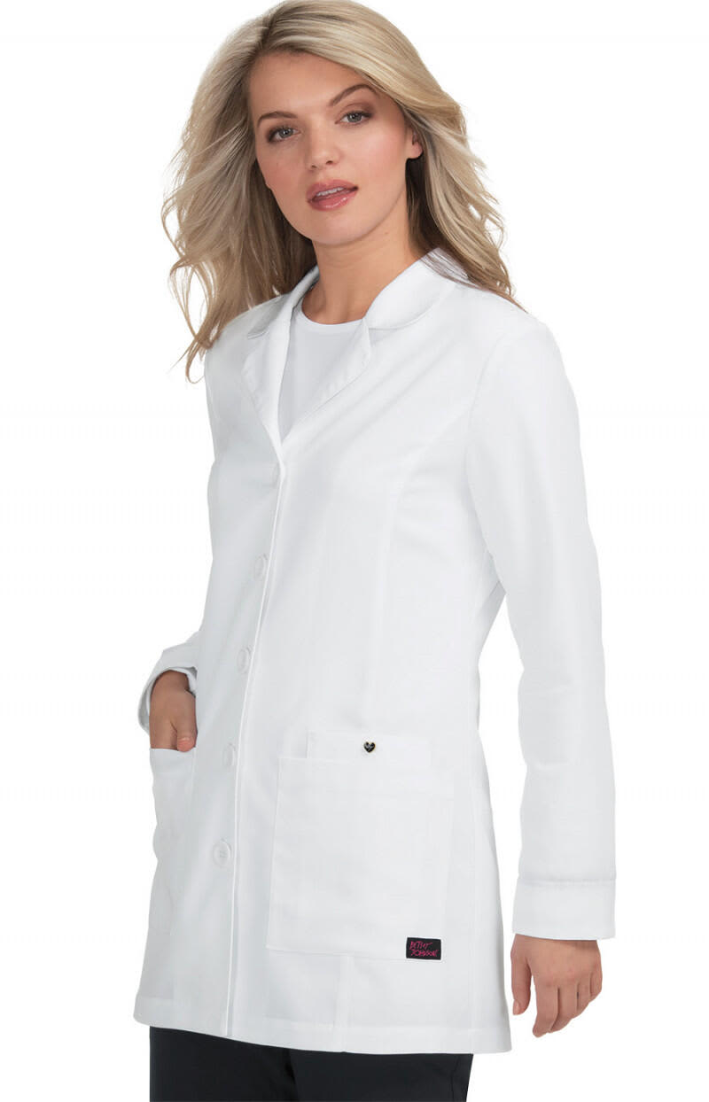 A white lab coat with a stylish design, featuring pockets and a logo, modeled by a woman. Marigold Lab Coat - Image 1