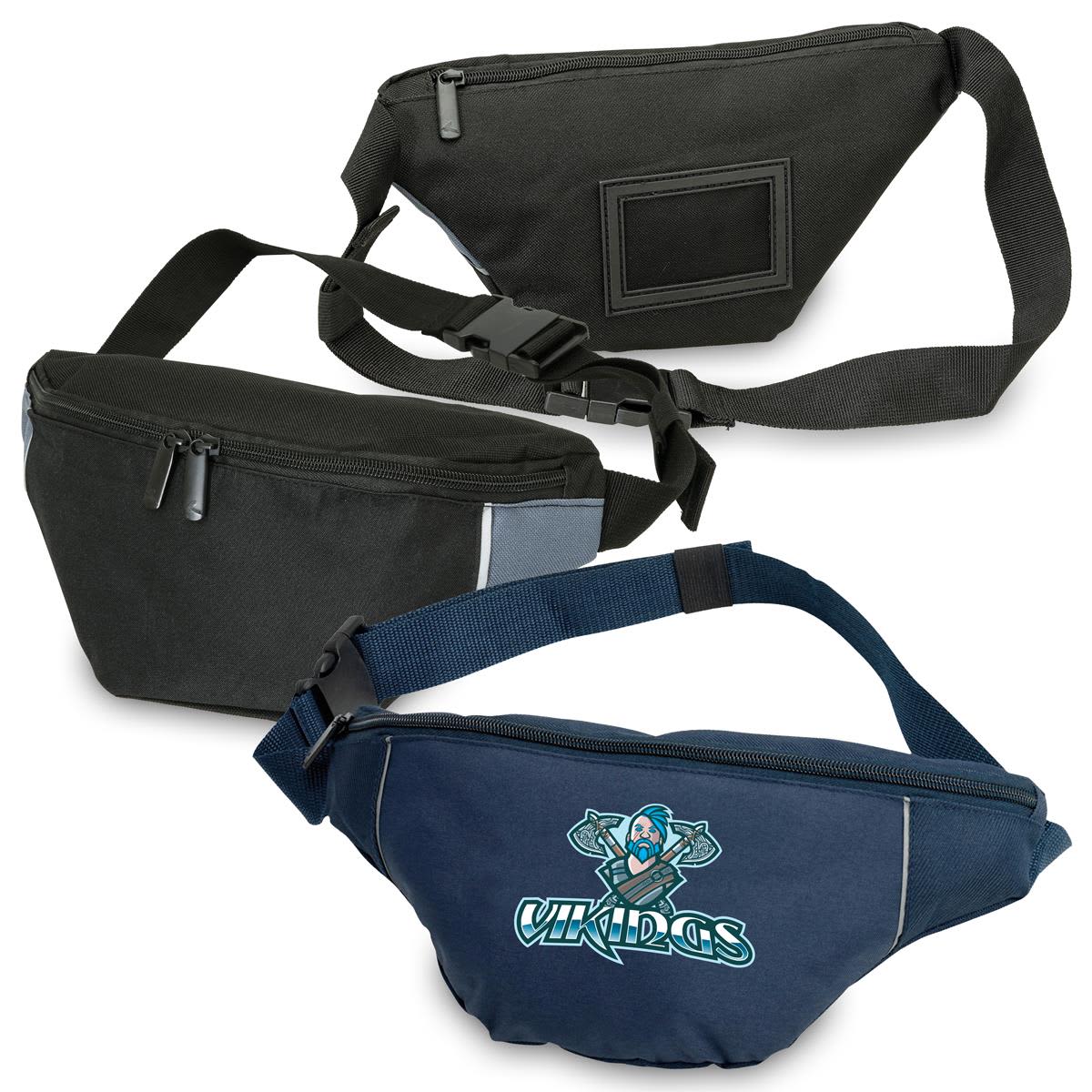 A collection of three waist bags in black and navy, featuring varying designs and a logo on one bag. Platform Waist Bag - Image 1