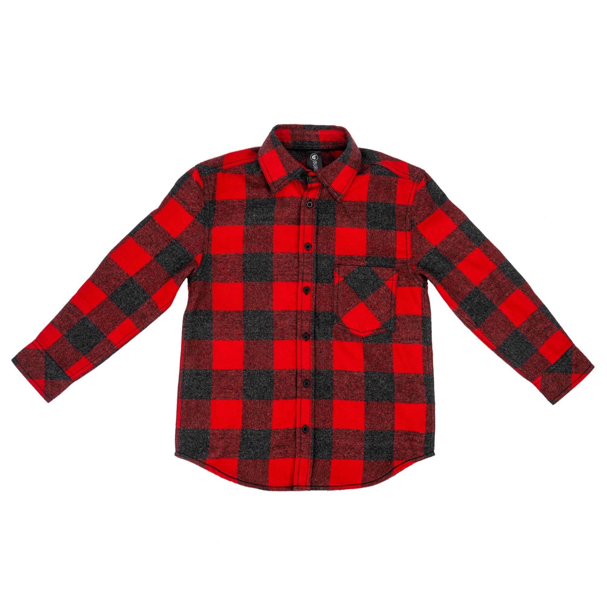 A red and black checkered long sleeve flannel shirt with a button-up front and a single chest pocket. Long Sleeve Yarn-Dyed Flannel Shirt - Image 1