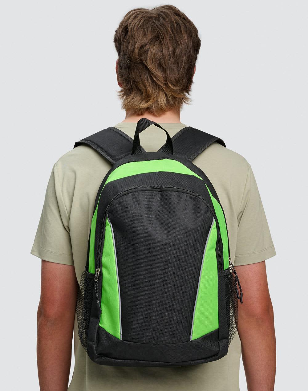 A black and neon green backpack with adjustable straps, featuring a logo and side mesh pockets. Iconic Promo Backpack - Image 1