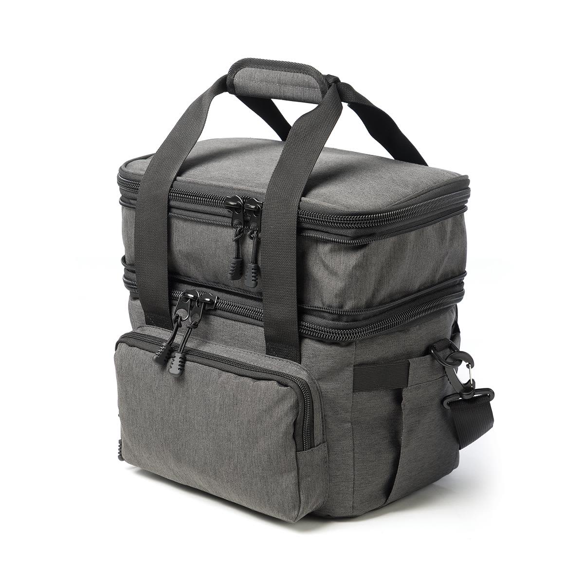 A grey expanding cooler bag with dual compartments, featuring zippers and a sturdy handle for easy transport. Super Duty 20 - Expanding Cooler - Image 1