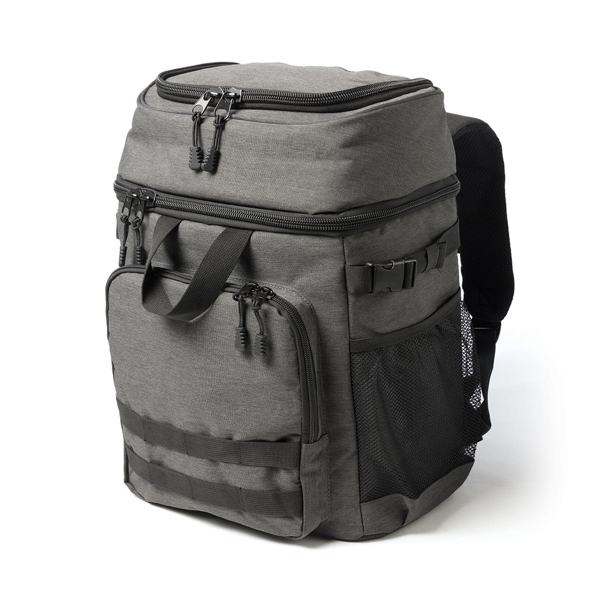 A grey backpack cooler featuring multiple zippered compartments, a mesh side pocket, and adjustable straps. Super Duty 30 - Backpack Cooler - Image 1
