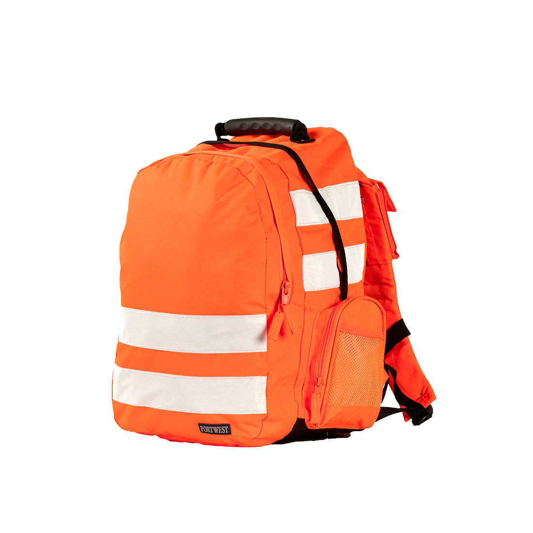 An orange Hi-Vis rucksack with reflective strips, featuring a side pocket and adjustable straps. Includes branding. Hi-Vis Backpack - Image 1