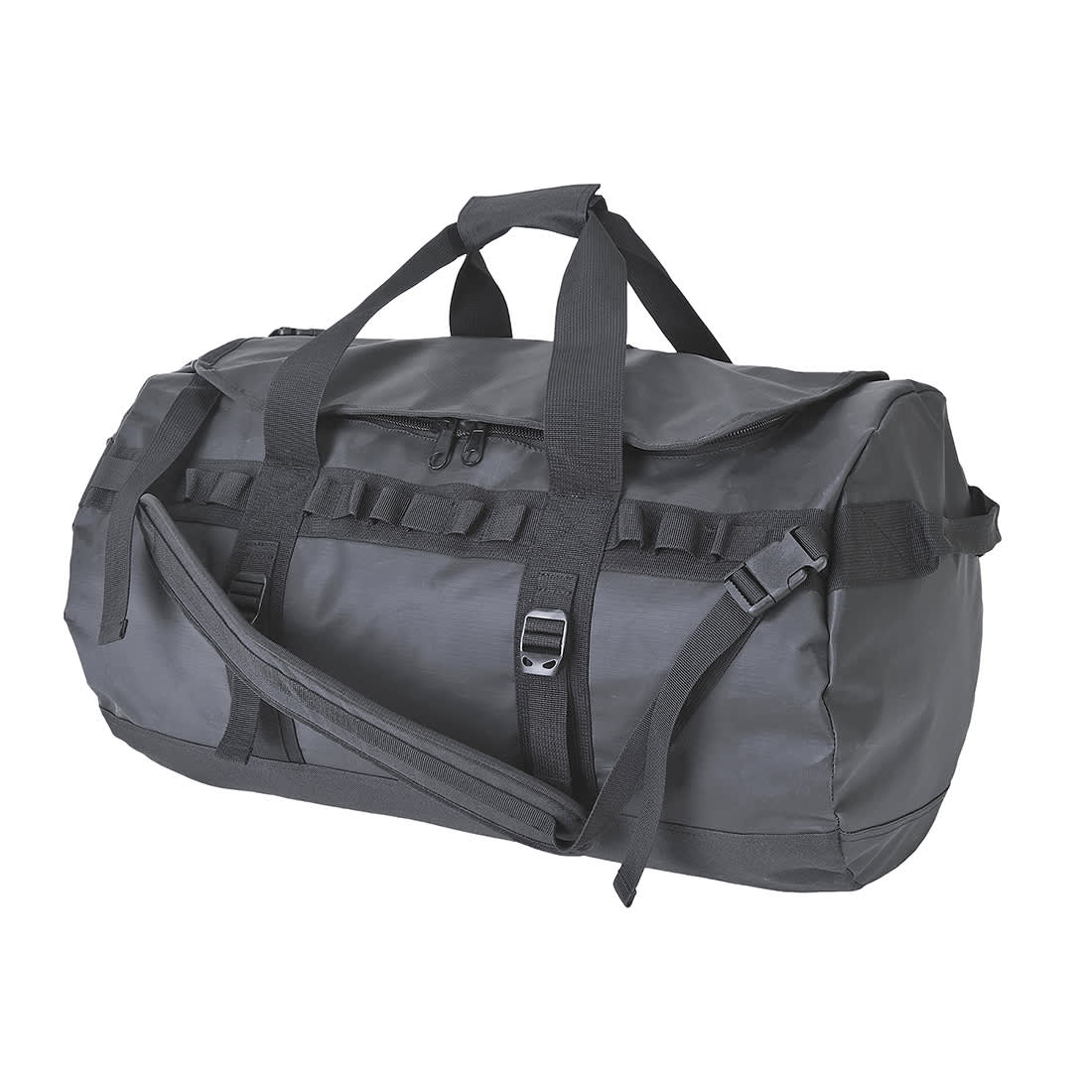 A waterproof black PVC holdall with dual handles and an adjustable shoulder strap, featuring a logo. Waterproof Holdall Bag - Image 1
