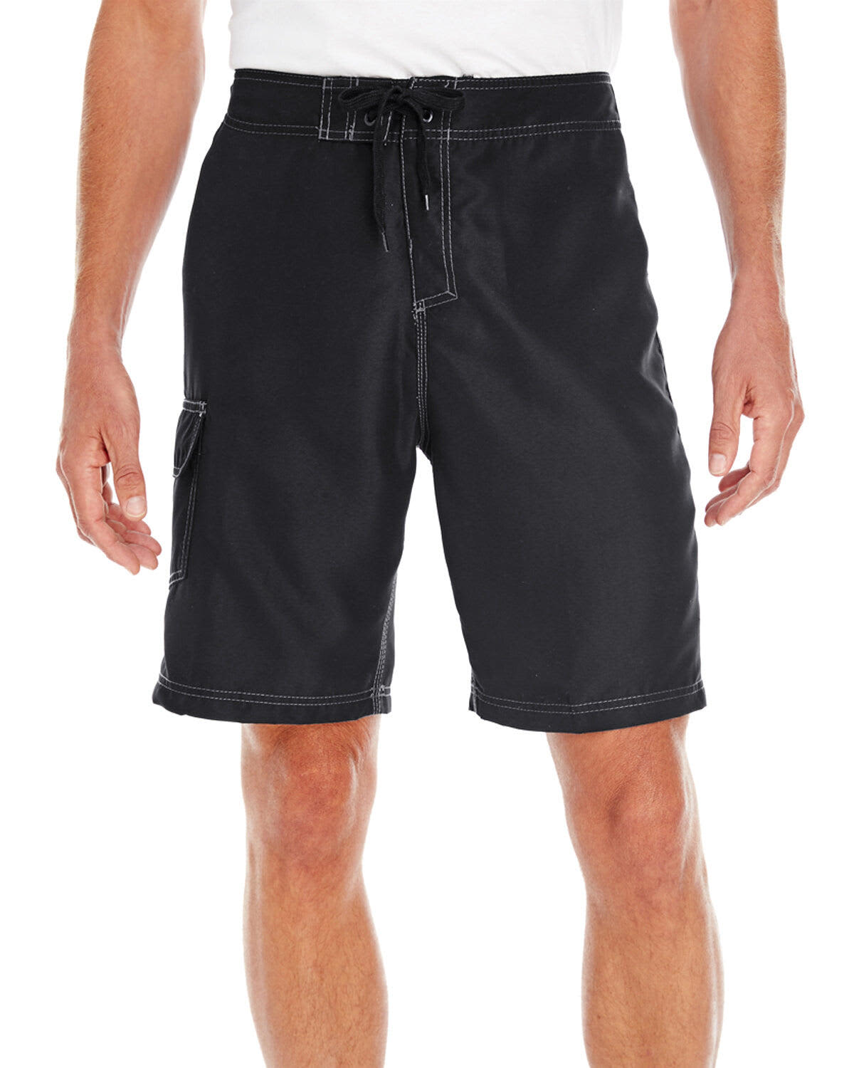 Black boardshorts with drawstring waist and side pocket, featuring contrasting stitching. Suitable for casual wear. Boardshorts - Image 1