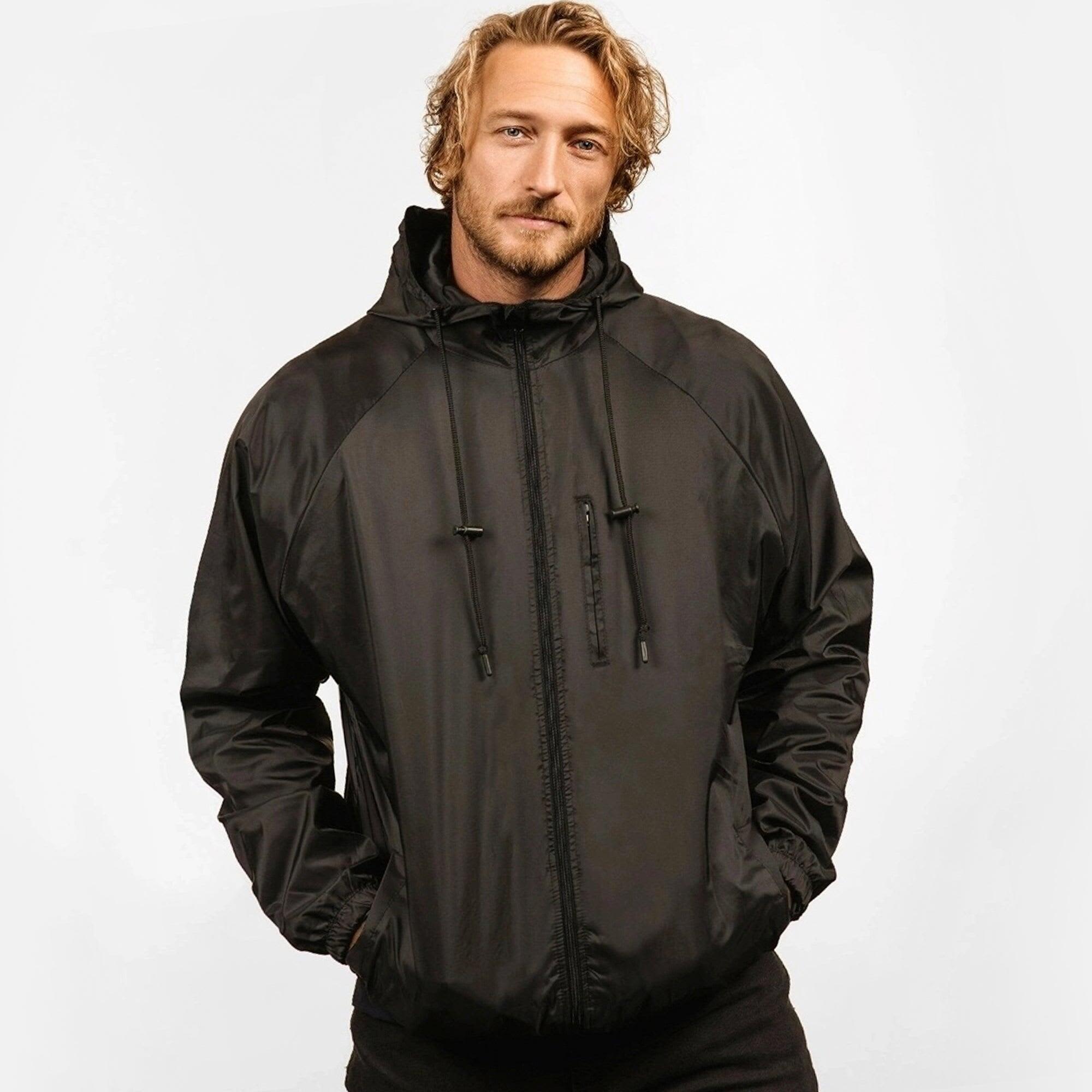 A black nylon jacket with a hood and adjustable drawstrings features a sleek, lightweight design. It has a logo. Nylon Jacket with 600 PU Coating - Image 1