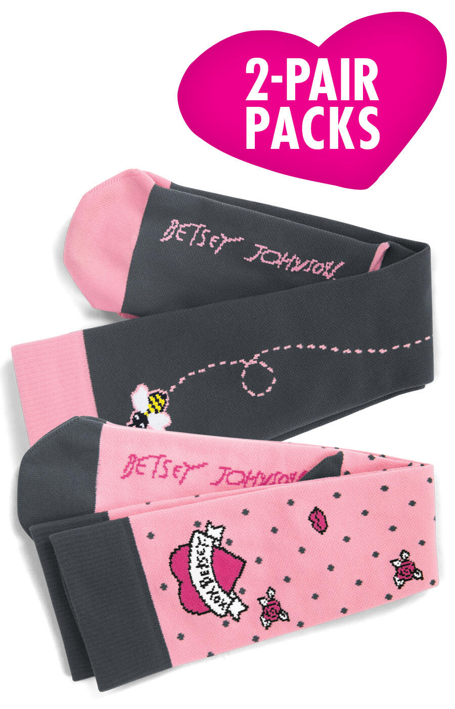 A pair of grey and pink compression socks featuring playful designs and patterns, packaged in a 2-pack. Compression Socks (2 pack) - Image 1