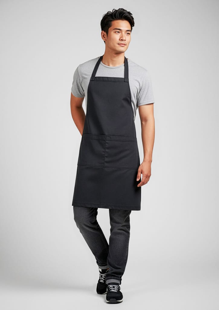 A black apron worn by a man, featuring a simple design and a front pocket, with a logo visible. Barley Apron - Image 1