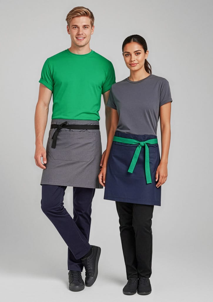A green shirt and grey shirt model wear a grey waist apron with a black belt and a navy apron with a green belt. Urban Waist Apron - Image 1
