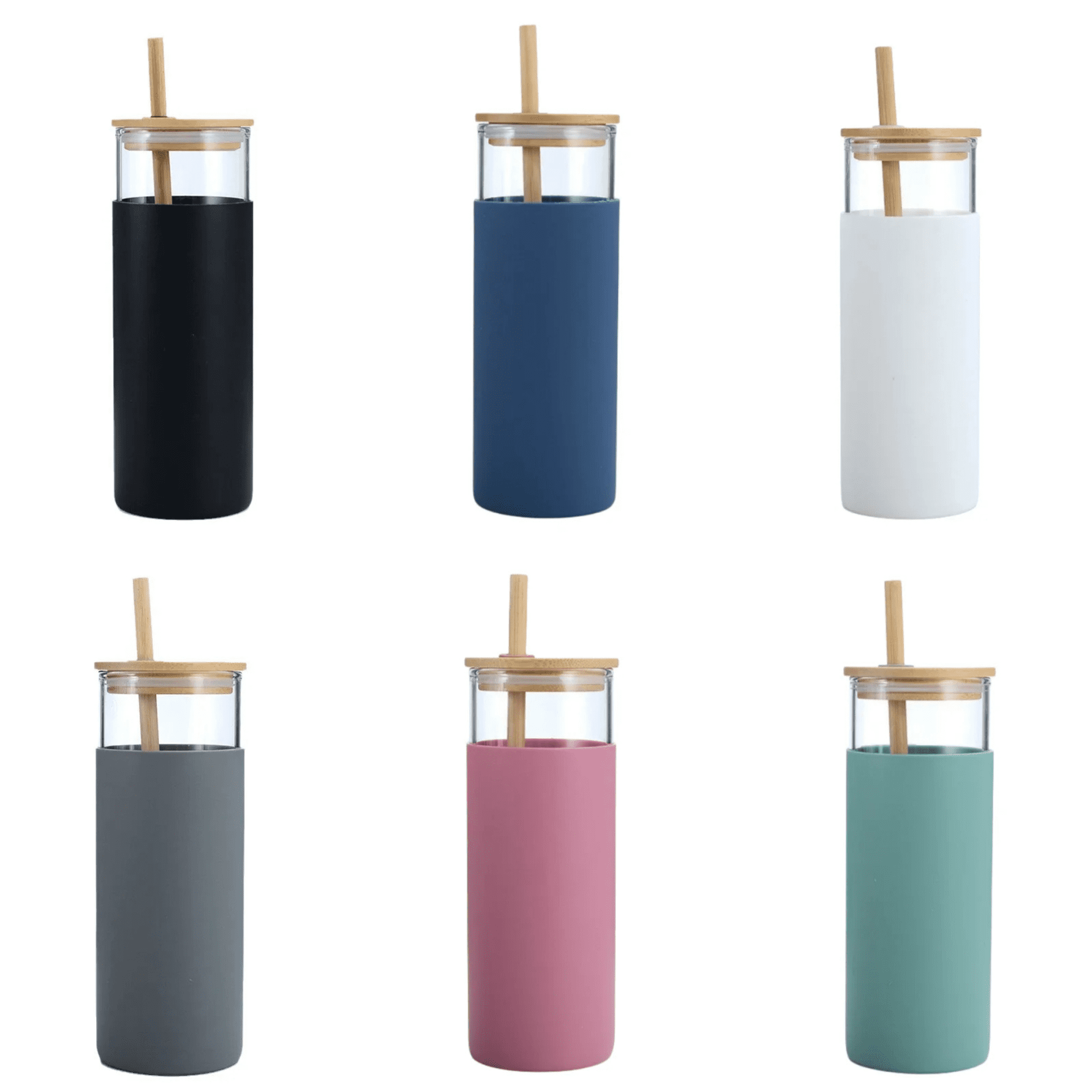 A drink bottle collection featuring six options: black, navy, white, grey, pink, and teal, with wooden lids and straws. Genesis Glass Bottle - Image 1