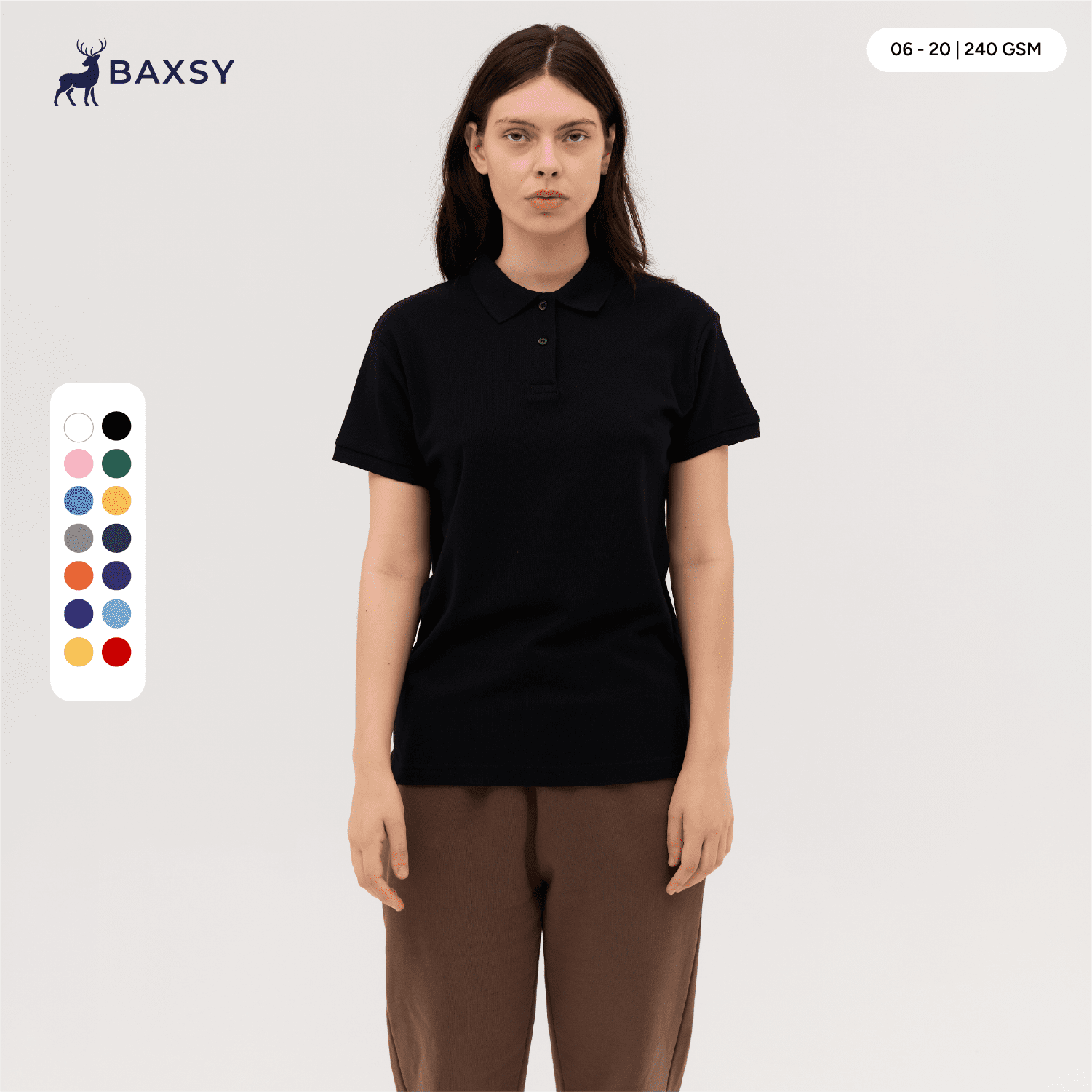 A woman wearing a black polo shirt stands against a neutral background. The shirt features a collar and short sleeves. Women's Prime/Delta Polo - Image 1