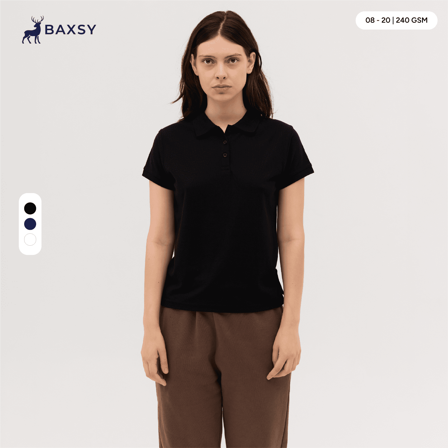 A model wearing a black polo shirt with a collar, paired with brown pants. The shirt features a logo. Women's Raven Polo - Image 1