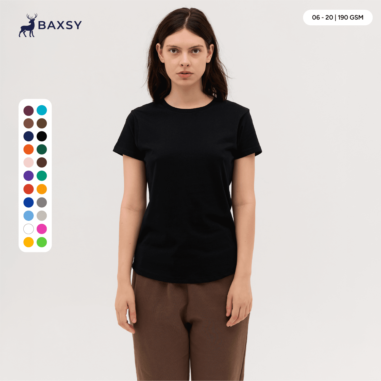 A black women's tee with short sleeves displayed on a model, featuring a logo and various colour swatches. Women's Surf/Essential Tee - Image 1