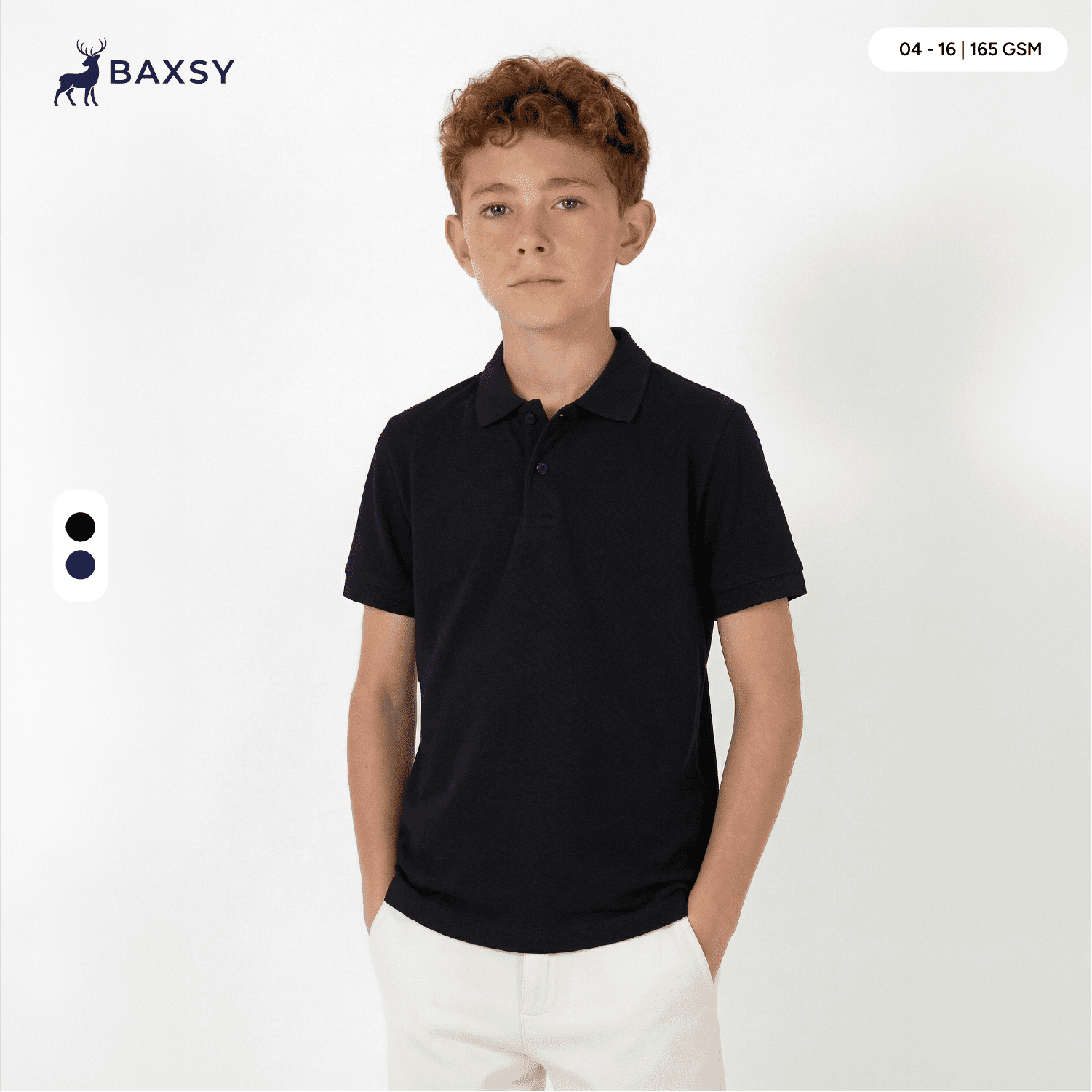 A black youth polo shirt with a collar, displayed on a model against a plain background. Features a logo. Youth Form Polo - Image 1