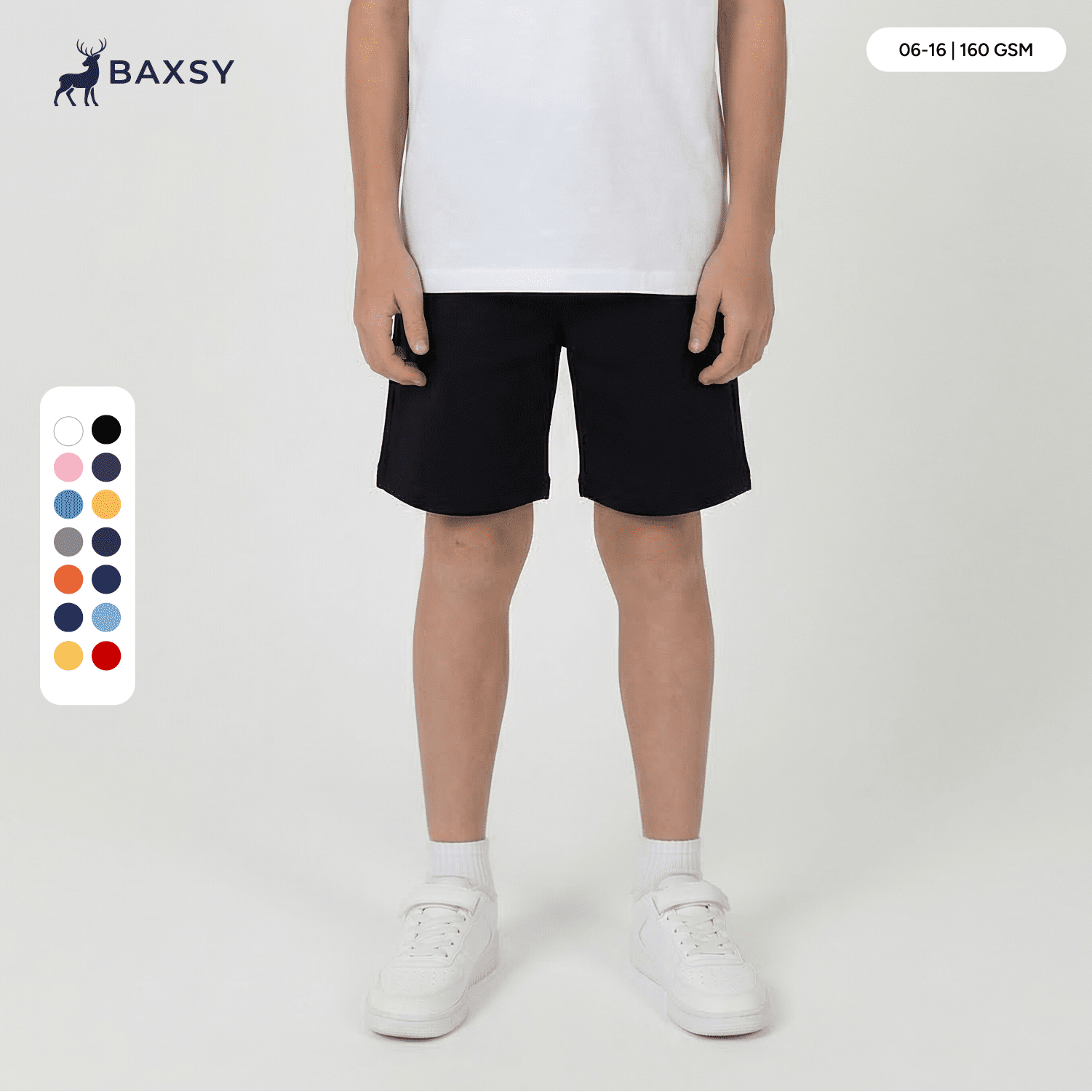 Youth Core Shorts in black, featuring a logo and a colour swatch on the left with various options. Youth Core Shorts - Image 1