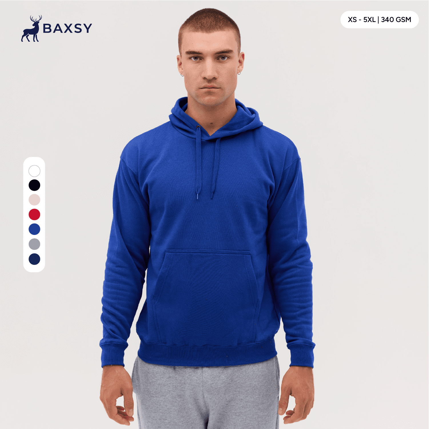 A hooded sweatshirt in a vibrant blue colour, featuring a front pocket and a drawstring hood. Marshall Hood - Image 1