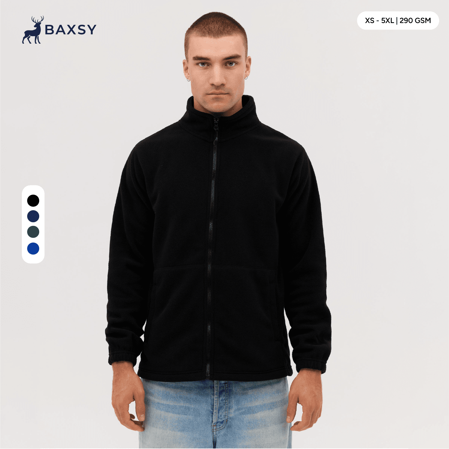 A full zip polar fleece jacket in black, featuring a collar and a relaxed fit, displayed on a model. Everest Polar Fleece Full Zip - Image 1